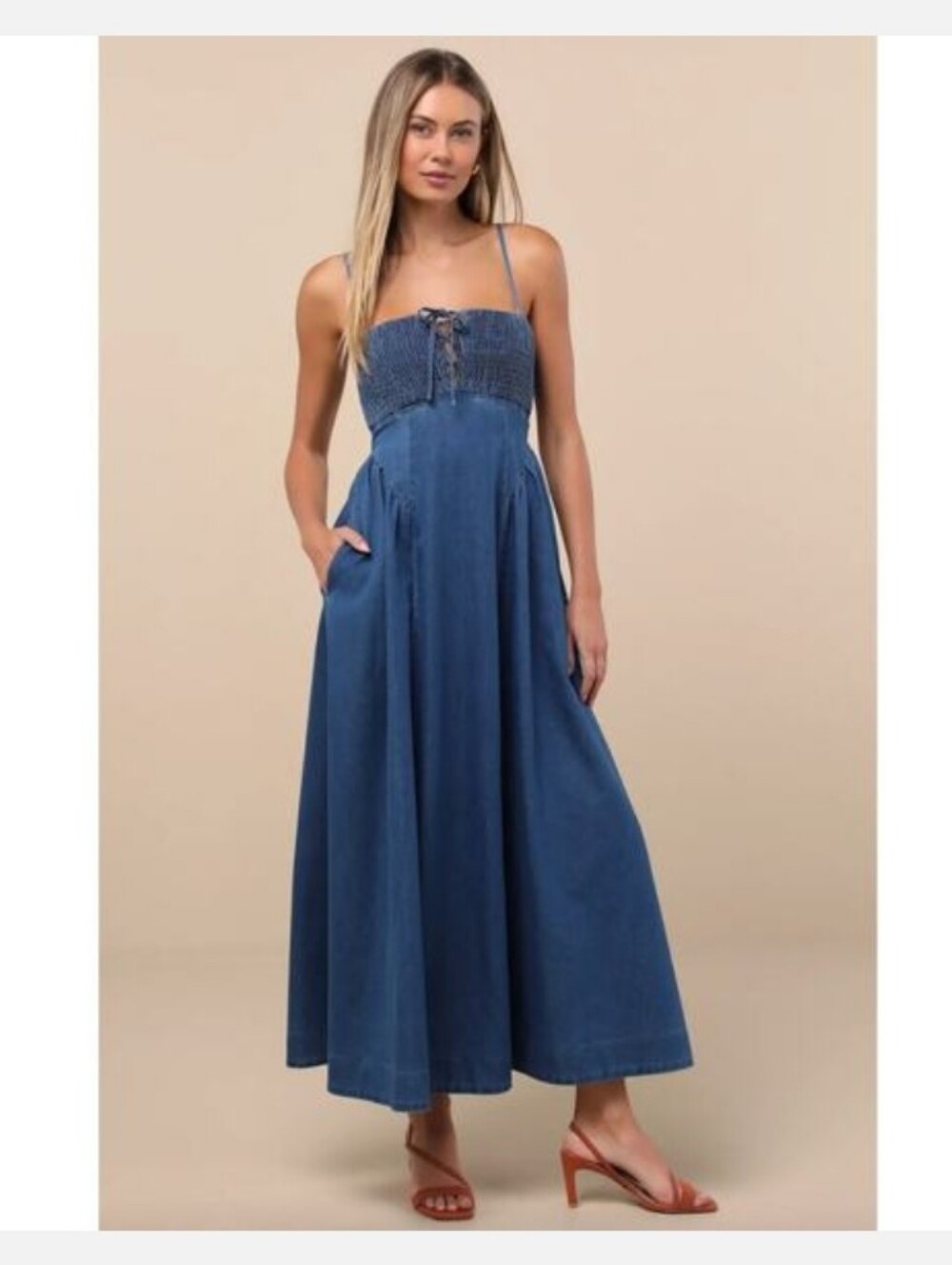 Lulus Smocked Strap Denim Maxi Dress - Blue